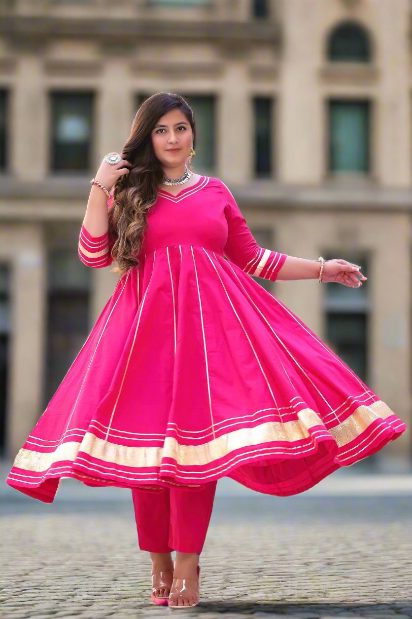 Rani Pink Anarkali Suit with Contrast Yellow Dupatta