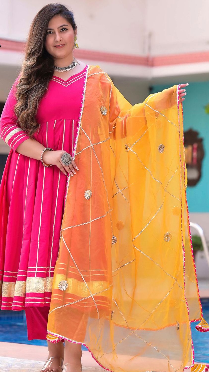 Rani Pink Anarkali Suit with Contrast Yellow Dupatta