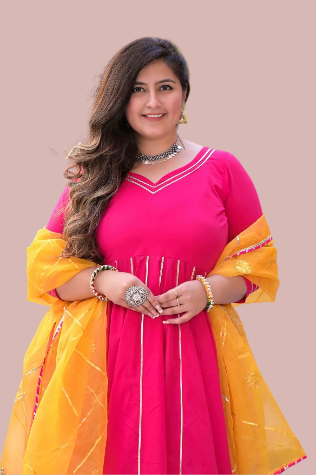 Rani Pink Anarkali Suit with Contrast Yellow Dupatta