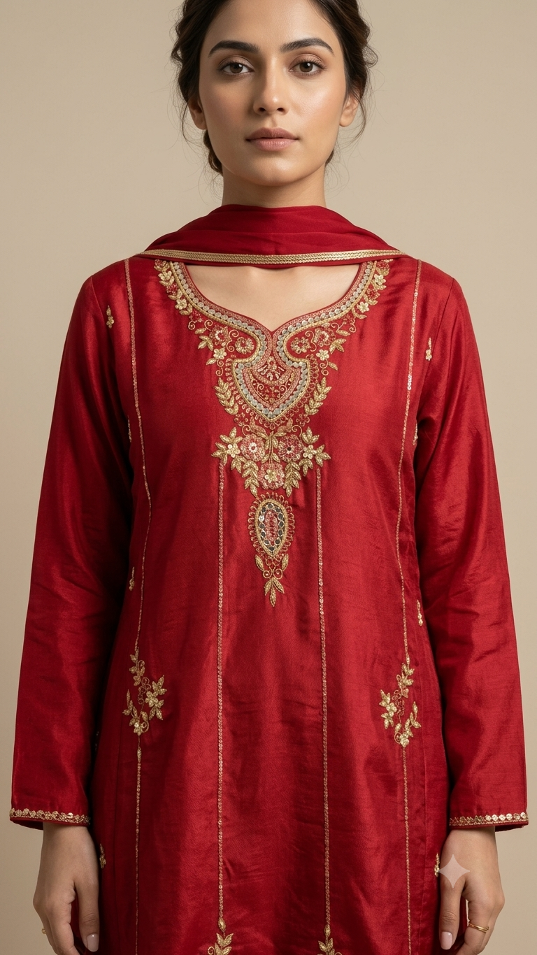 Ruby Red Crepe Handwork Anarkali Suit with Pants & Dupatta
