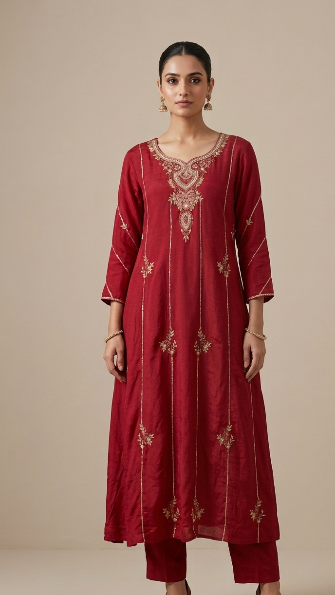Ruby Red Crepe Handwork Anarkali Suit with Pants & Dupatta