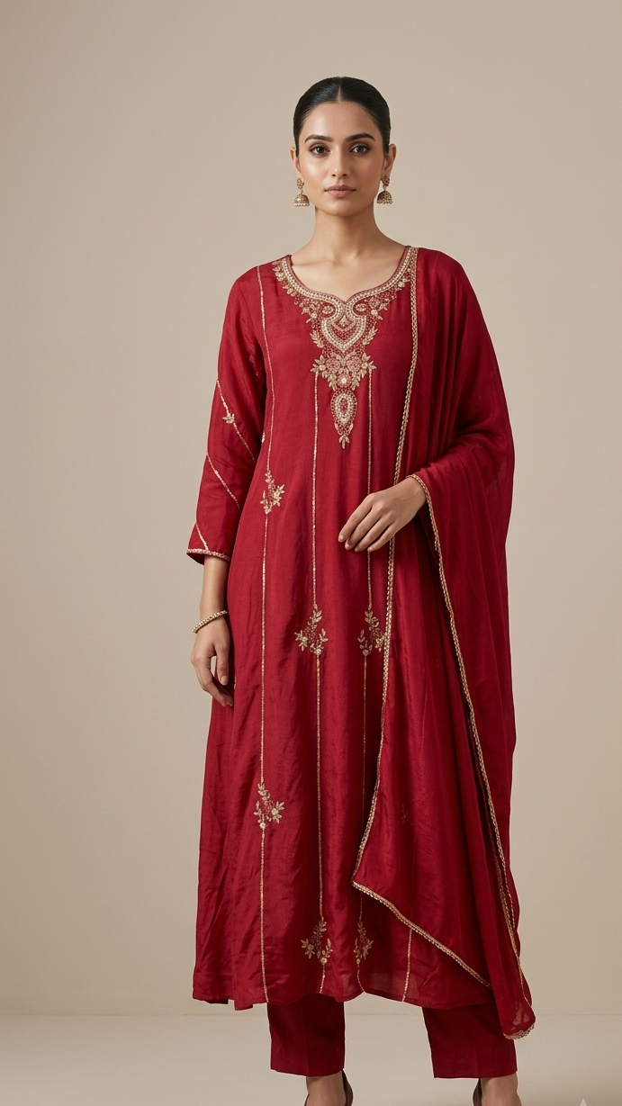 Ruby Red Crepe Handwork Anarkali Suit with Pants & Dupatta