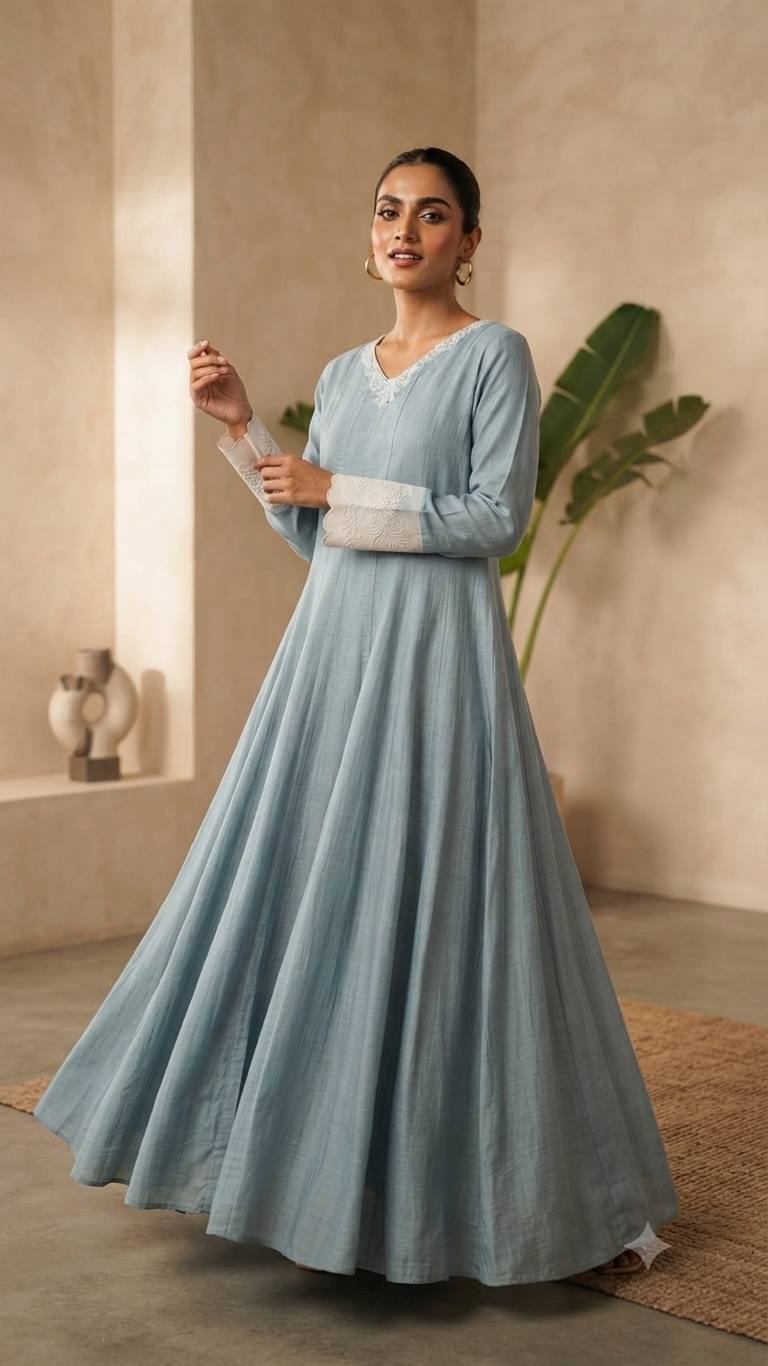 Powder Blue Mul Chanderi Anarkali Suit with Embroidered Cuffs & Dupatta