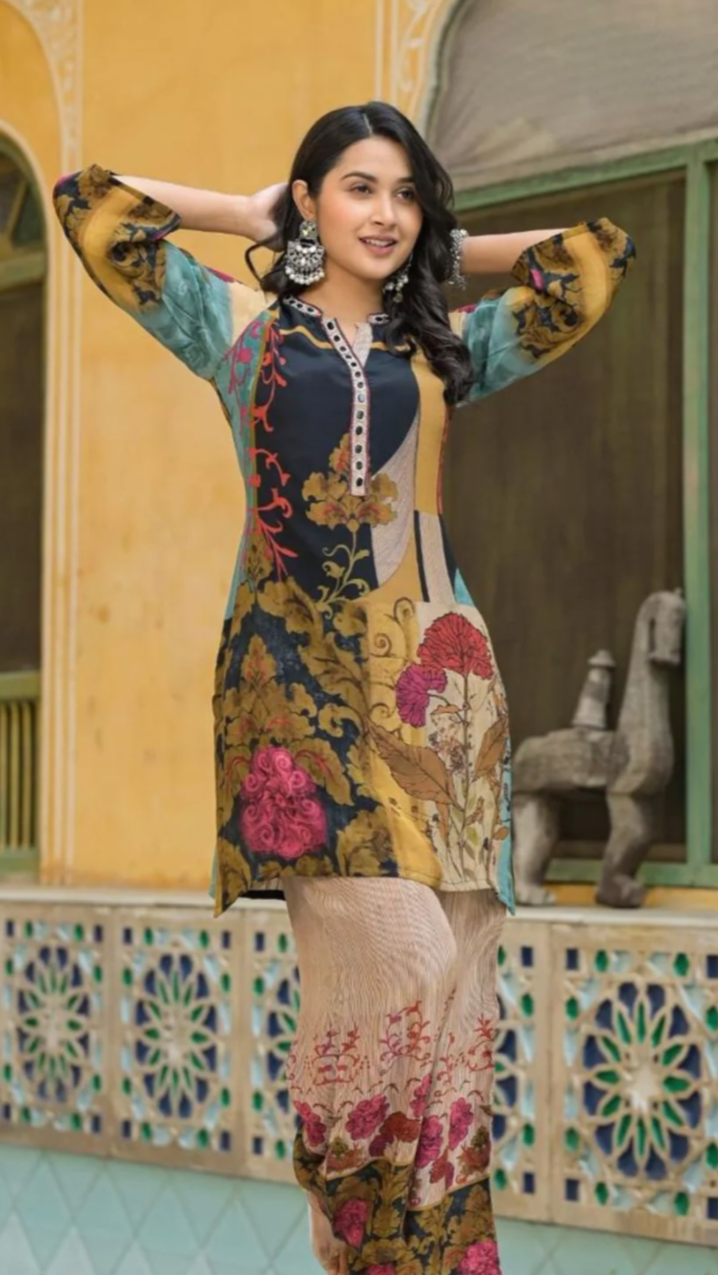 Elegant Crepe Silk Co-Ord Set with Floral Design