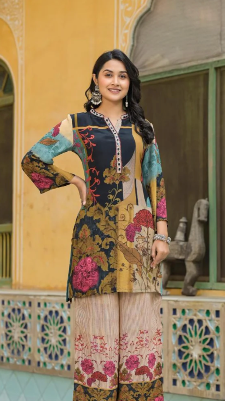 Elegant Crepe Silk Co-Ord Set with Floral Design