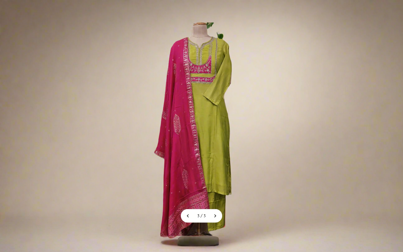 Neon Green Zari Embroidered Silk Kurta Set with Contrast Pink Dupatta