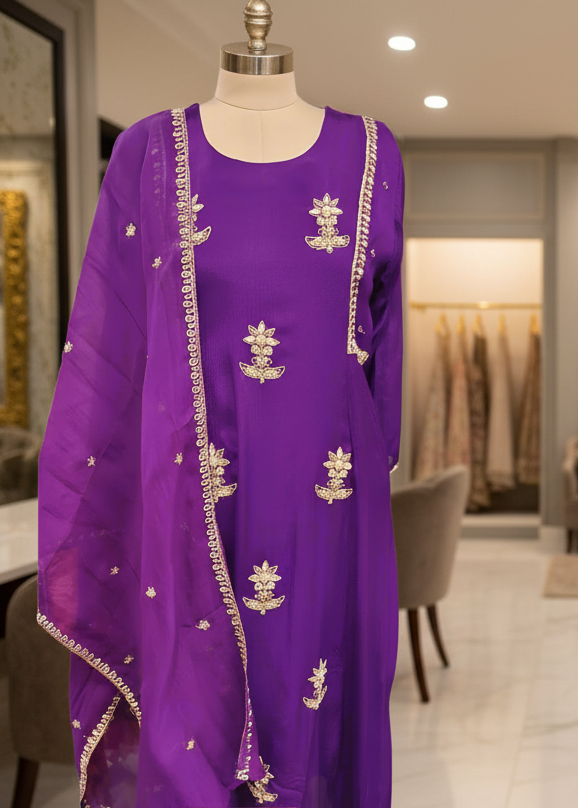 Pure Chinnon Zardosi Embroidered Suit Set – Royal Purple Ethnic Wear