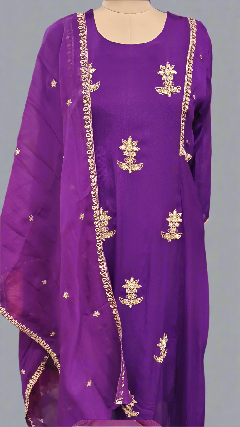 Pure Chinnon Zardosi Embroidered Suit Set – Royal Purple Ethnic Wear