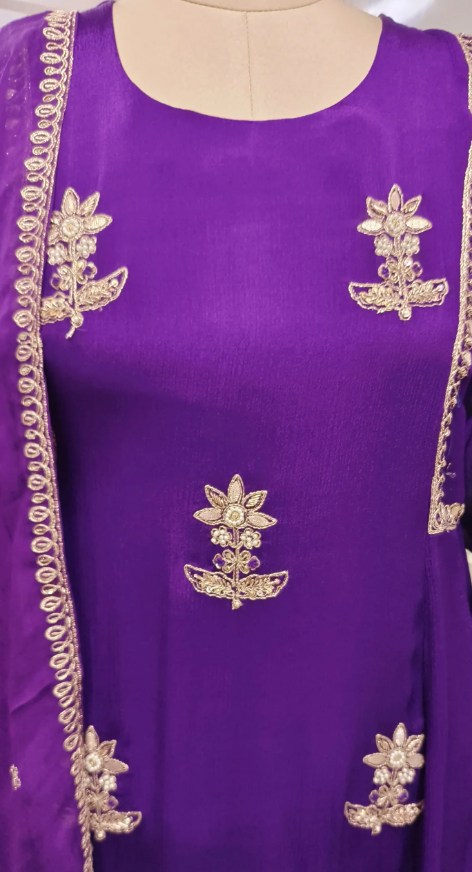 Pure Chinnon Zardosi Embroidered Suit Set – Royal Purple Ethnic Wear
