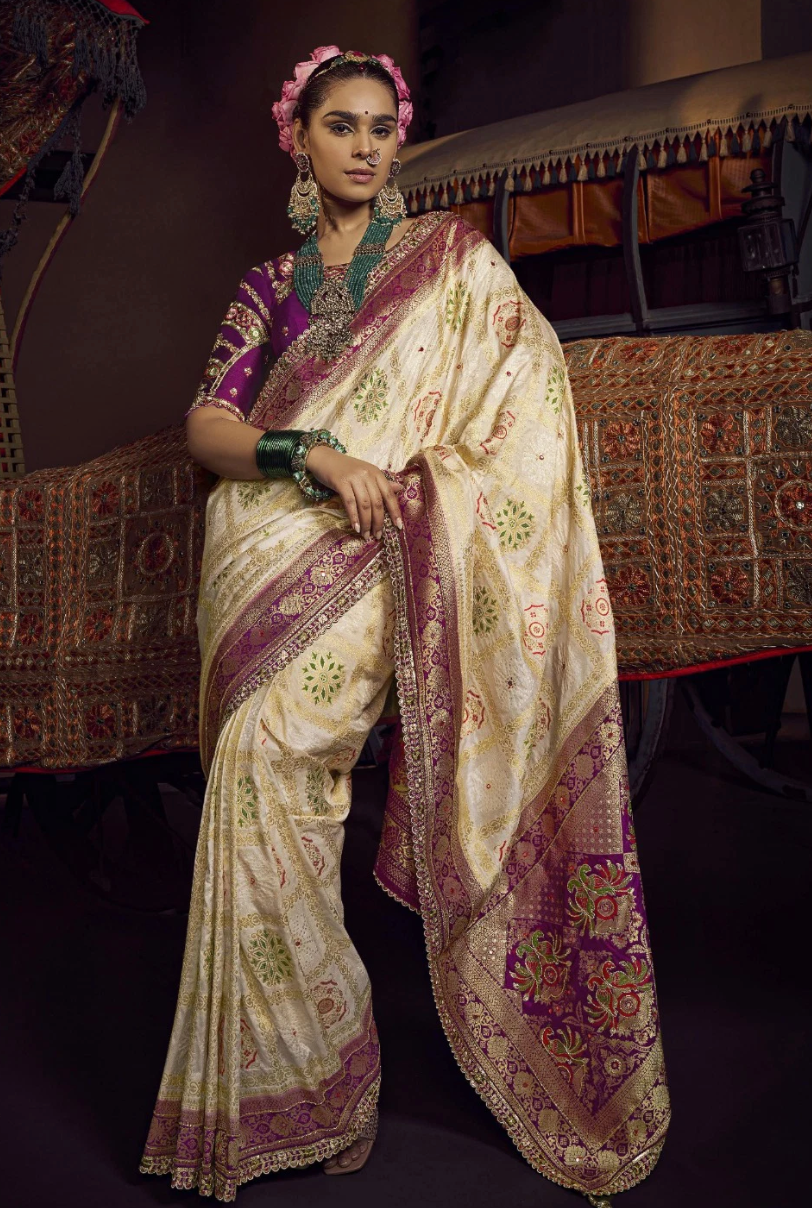 Ivory & Wine Viscose Dola Saree with Handwork Blouse and Designer Lace Pallu