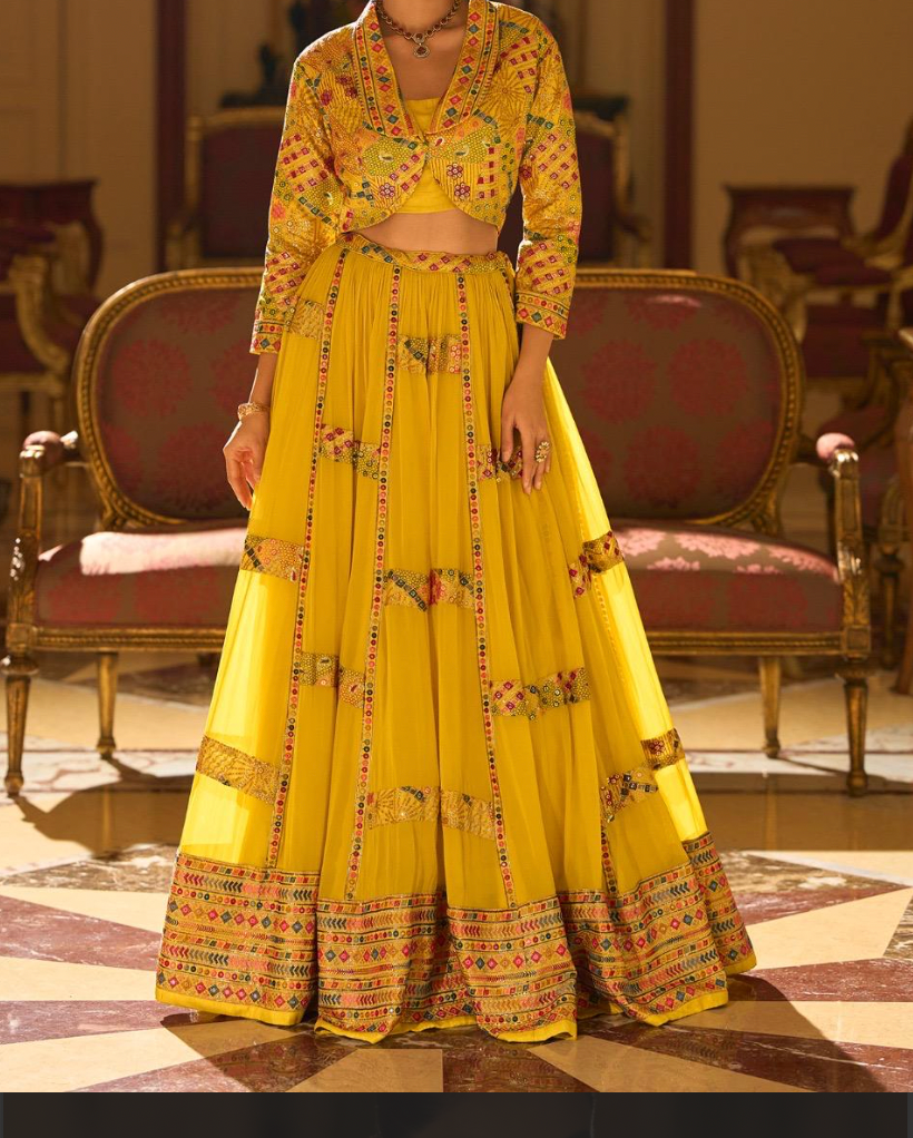 Mustard Yellow Premium Georgette Lehenga with Heavy Embroidered Shrug & Blouse