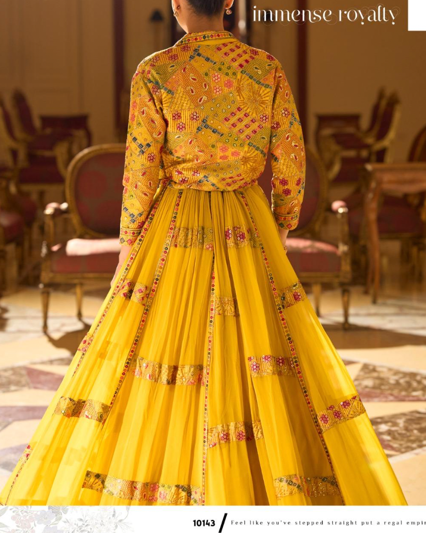 Mustard Yellow Premium Georgette Lehenga with Heavy Embroidered Shrug & Blouse