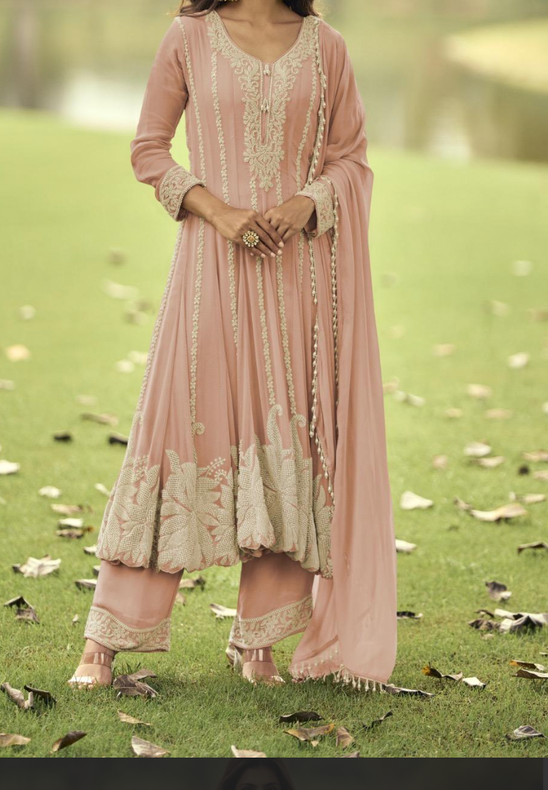 Premium Georgette Heavy Beads Work Short Anarkali Set with Pant & Dupatta