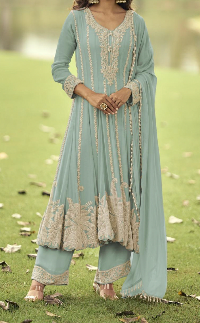 Premium Georgette Heavy Beads Work Short Anarkali Set with Pant & Dupatta