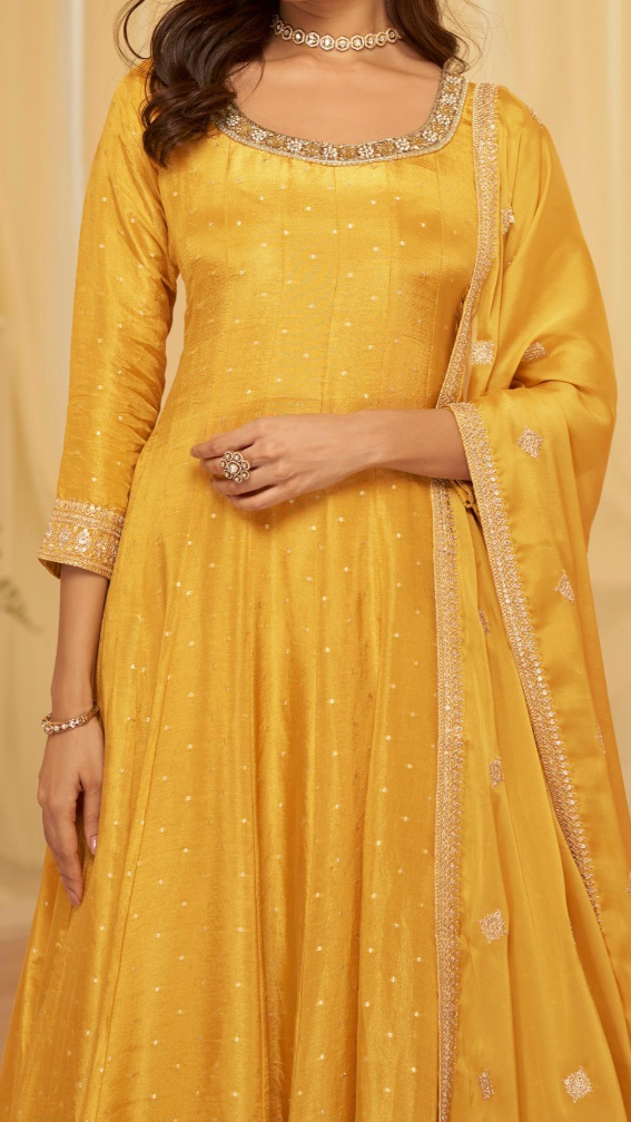 Mustard Gold Pure Viscose Jacquard Silk Gown with Heavy Embroidered Dupatta