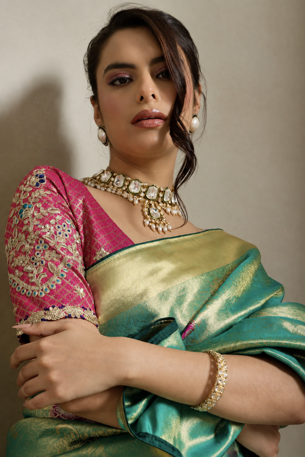 Meenakari Tissue Banarasi Silk Saree with Embroidered Brocade Blouse