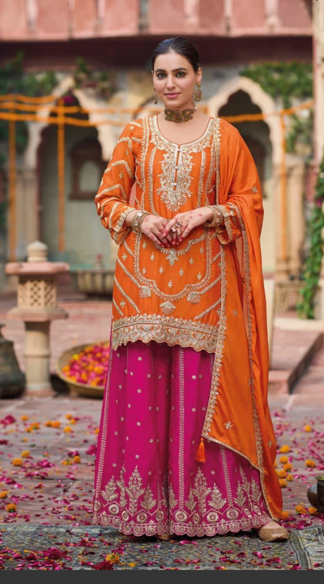 Elegant OrangePink Chinnon Sharara Set with Heavy Embroidery