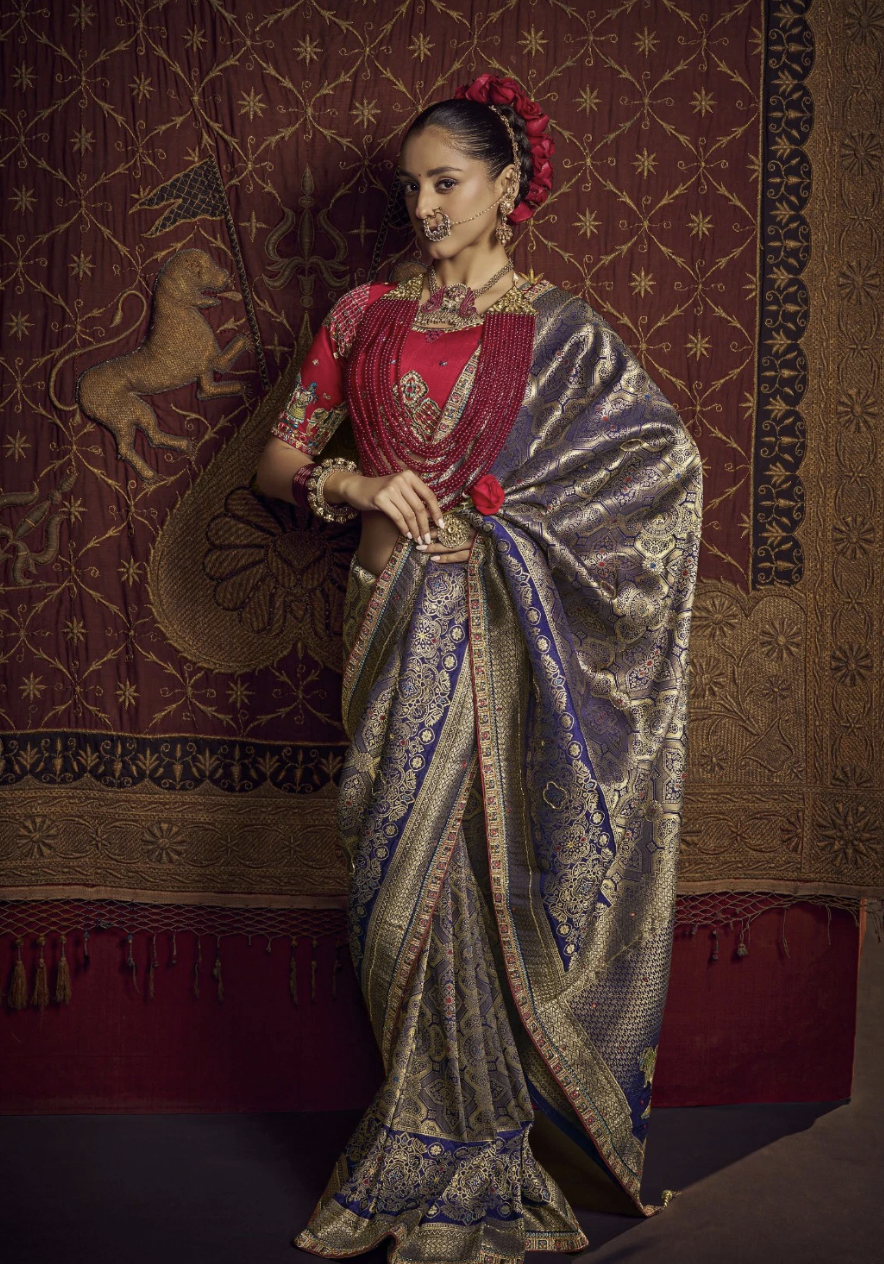 Royal Blue & Antique Gold Viscose Dola Saree with Handwork Blouse and Designer Lace Pallu