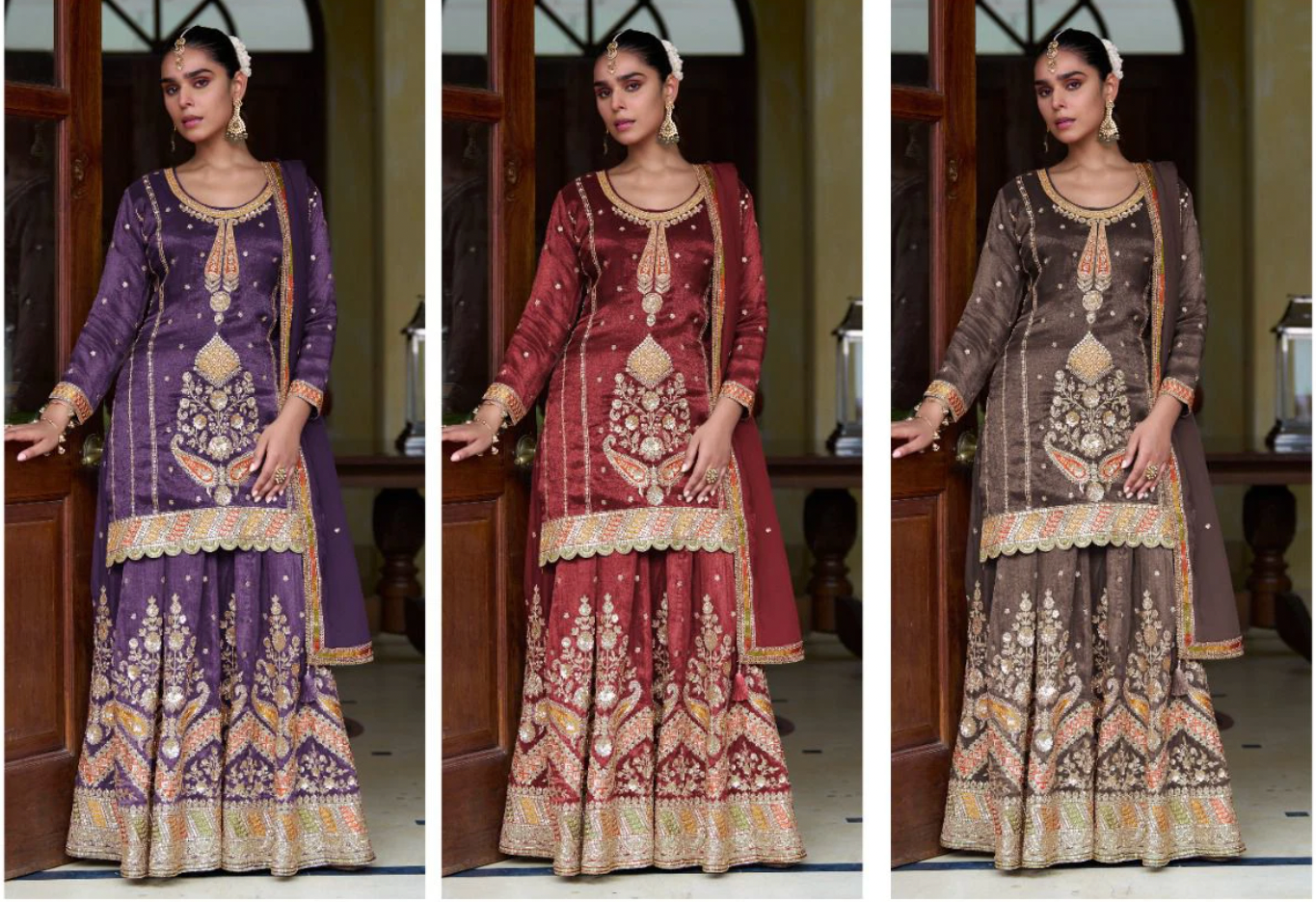 Embroidered Shimmer Silk Ethnic Set with Tabi Silk Dupatta – Multiple Colours