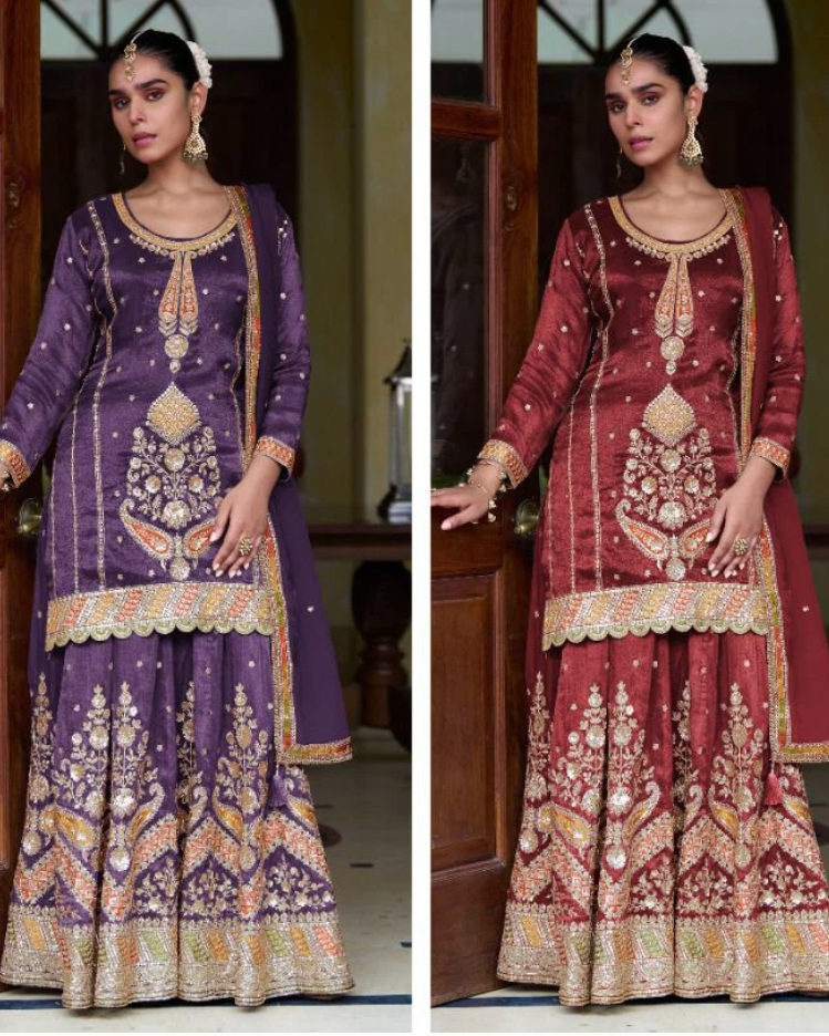 Embroidered Shimmer Silk Ethnic Set with Tabi Silk Dupatta – Multiple Colours