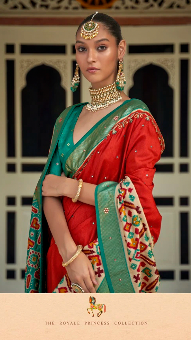 Orange & Teal Pochampally Silk Blend Ikat Saree with Geometric Embellished Border