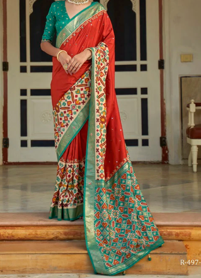 Orange & Teal Pochampally Silk Blend Ikat Saree with Geometric Embellished Border