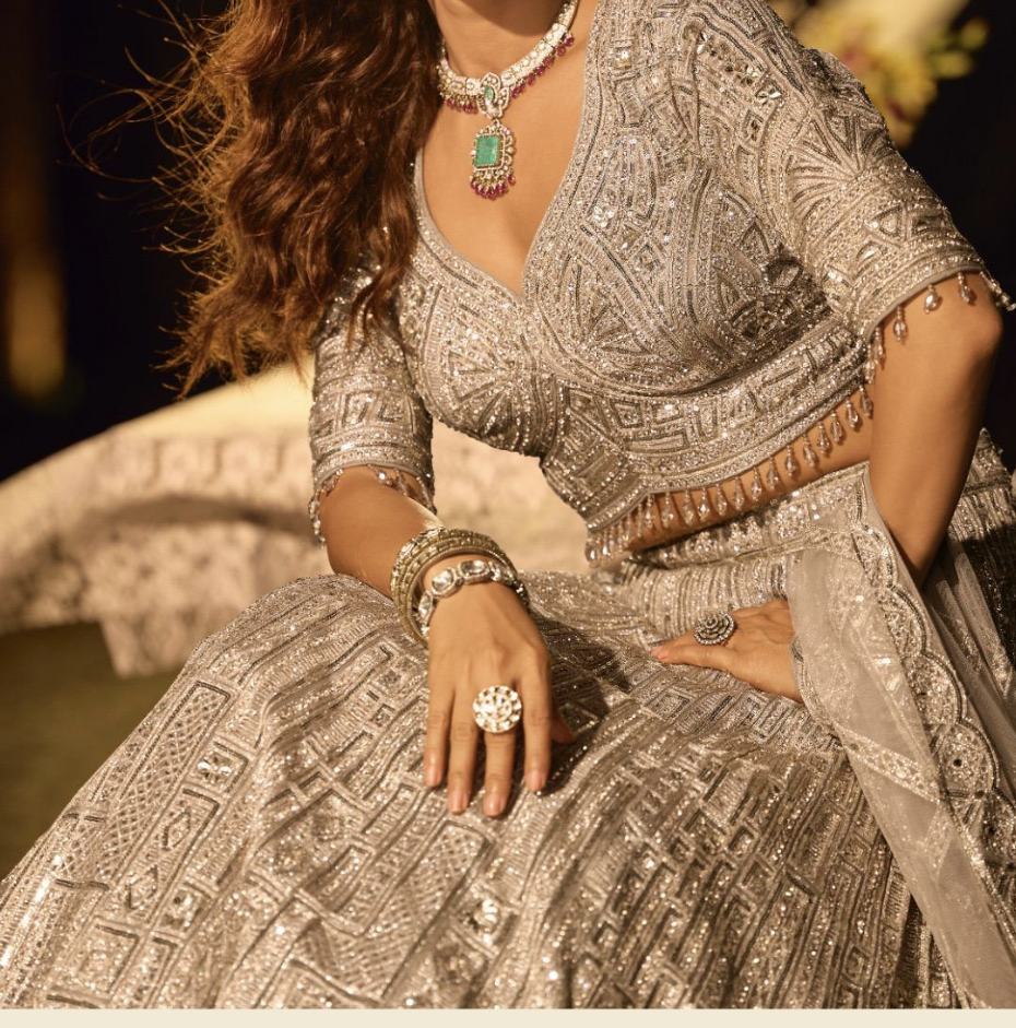 Platinum Silver Net Embroidered Mirror Work Designer Lehenga Choli