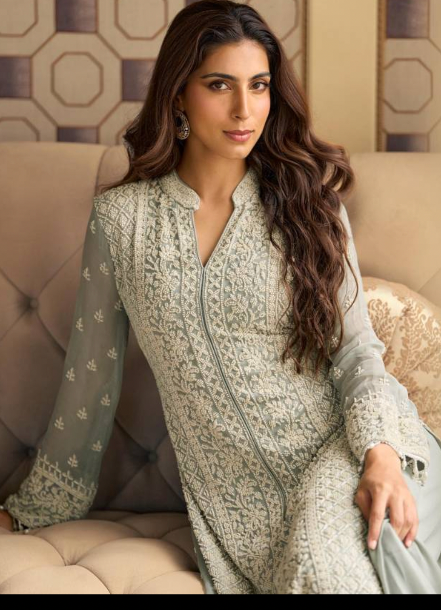 Sage Green Premium Georgette Embroidered Top Palazzo Set with Dupatta