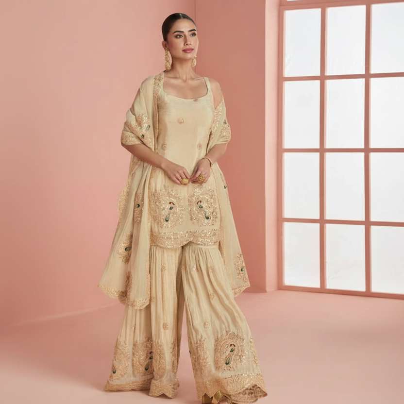 Ivory Gold Premium Chinon & Simar Silk Heavy Embroidered Gharara Set with Dupatta