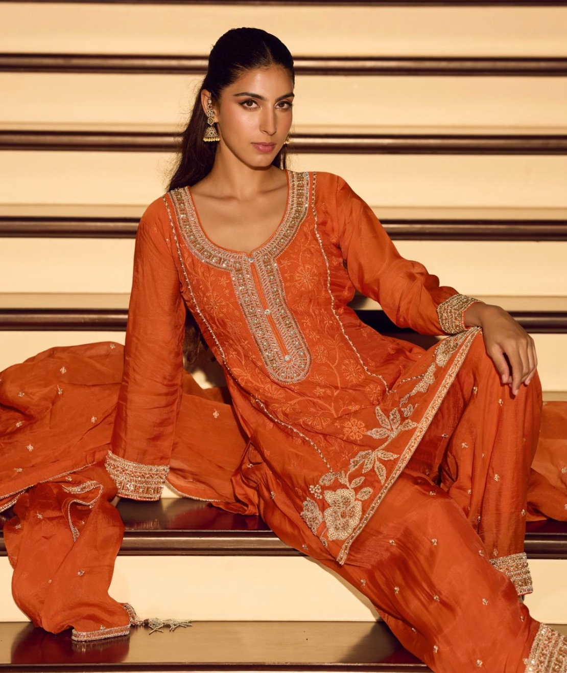 Rust Orange Indo-Western Chinnon Silk Embroidered Kurta Set with Dupatta