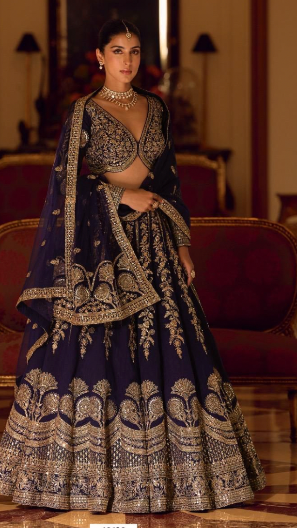 Midnight Navy Royale Bridal Lehenga Set with Full Hand Mirror Embroidery