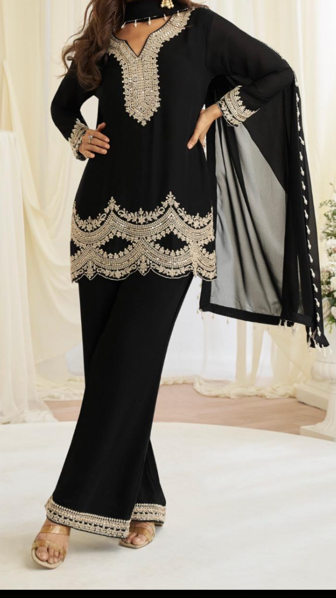 Black Premium Georgette Suit Set with Heavy Beads Embroidery & Chinon Silk Palazzo