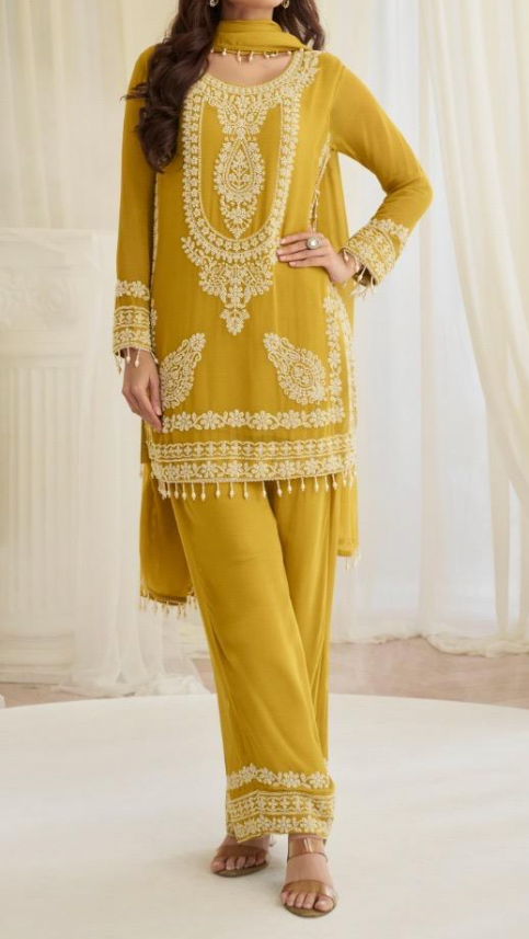 Mustard Yellow Premium Georgette Suit Set with Heavy Beads Embroidery & Chinon Silk Palazzo