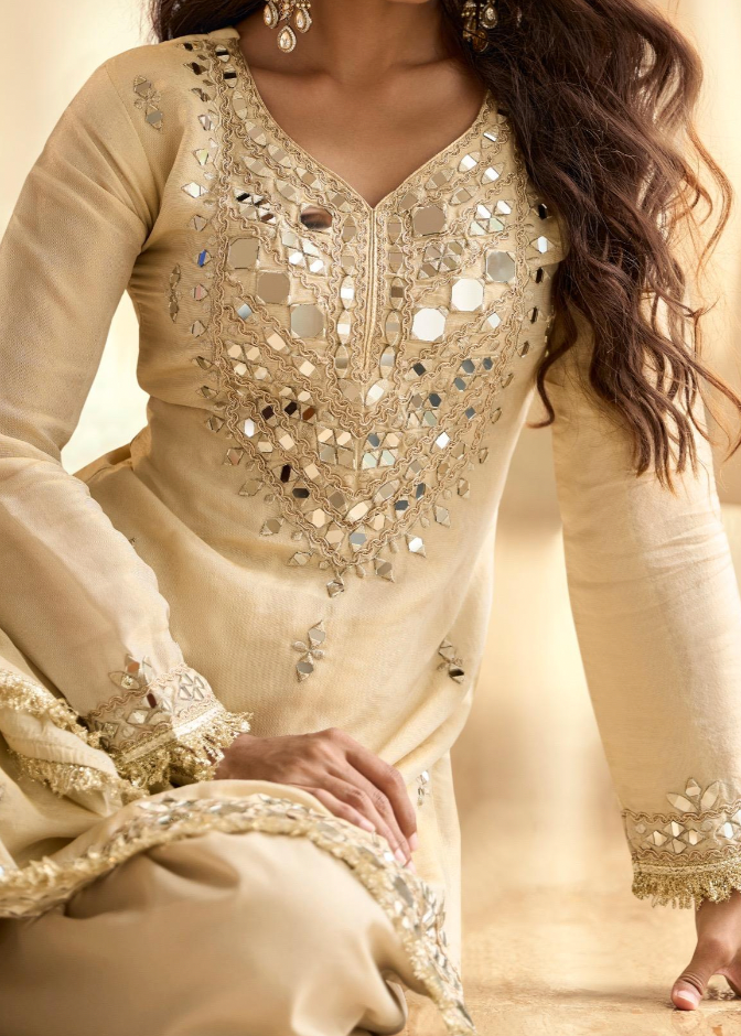 Ivory Elegance – Premium Mirror Work Silk Suit Set with Palazzo & Dupatta