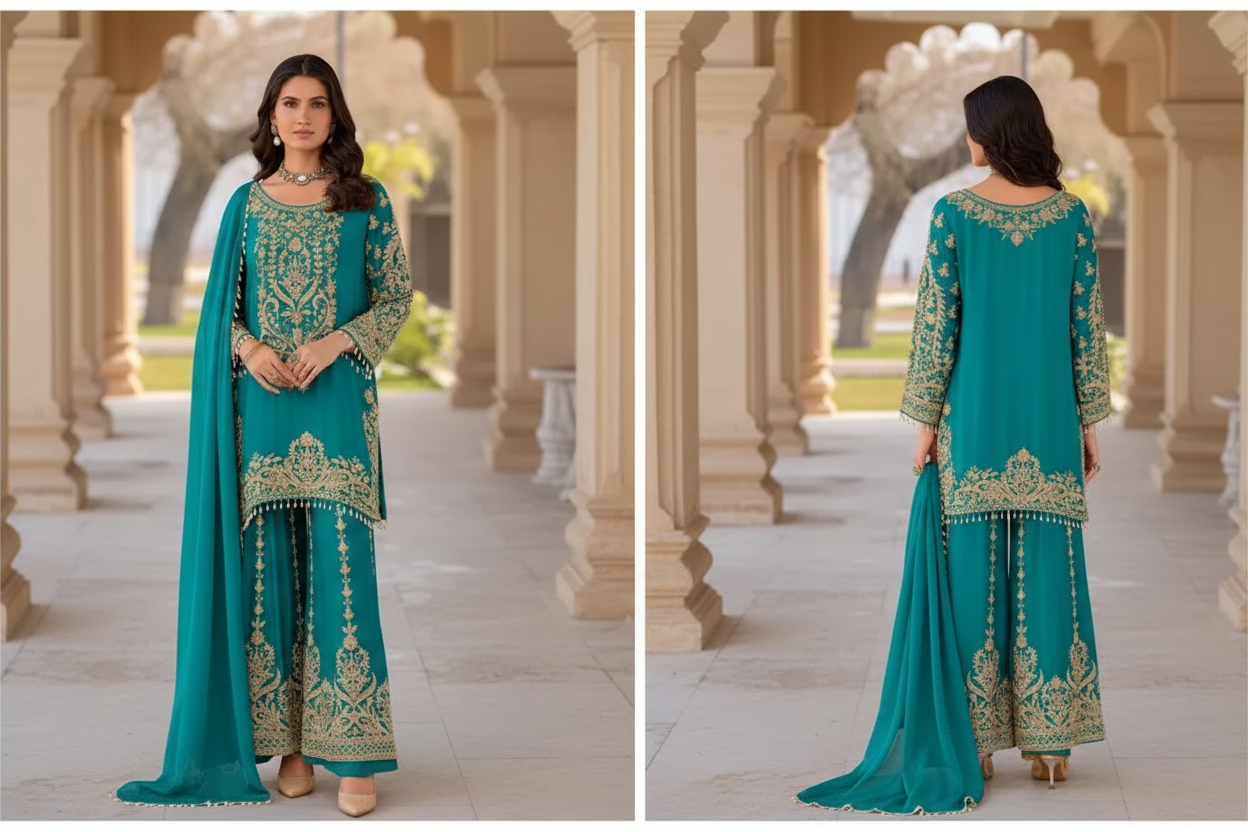 Premium Heavy Chinon Embroidered Kurta Set with Palazzo & Dupatta