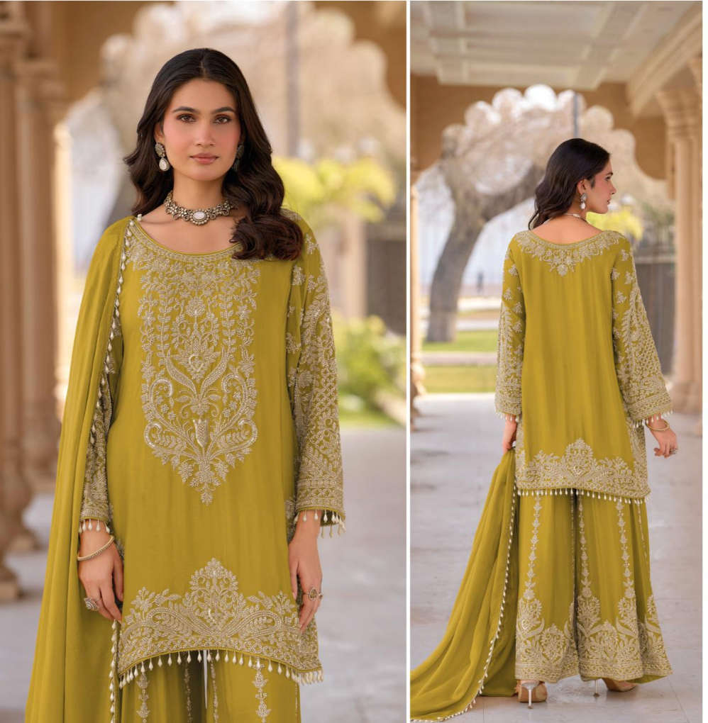 Premium Heavy Chinon Embroidered Kurta Set with Palazzo & Dupatta