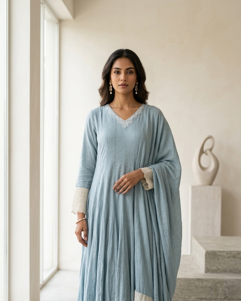 Powder Blue Mul Chanderi Anarkali Suit with Embroidered Cuffs & Dupatta