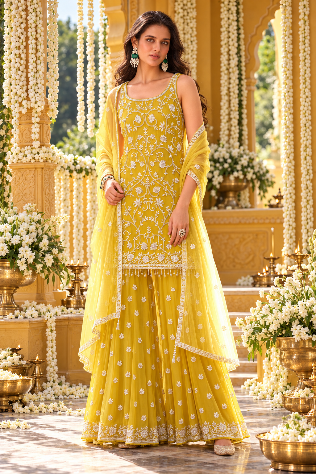Sunshine Yellow Chiffon Embroidered Sharara Set with Dupatta