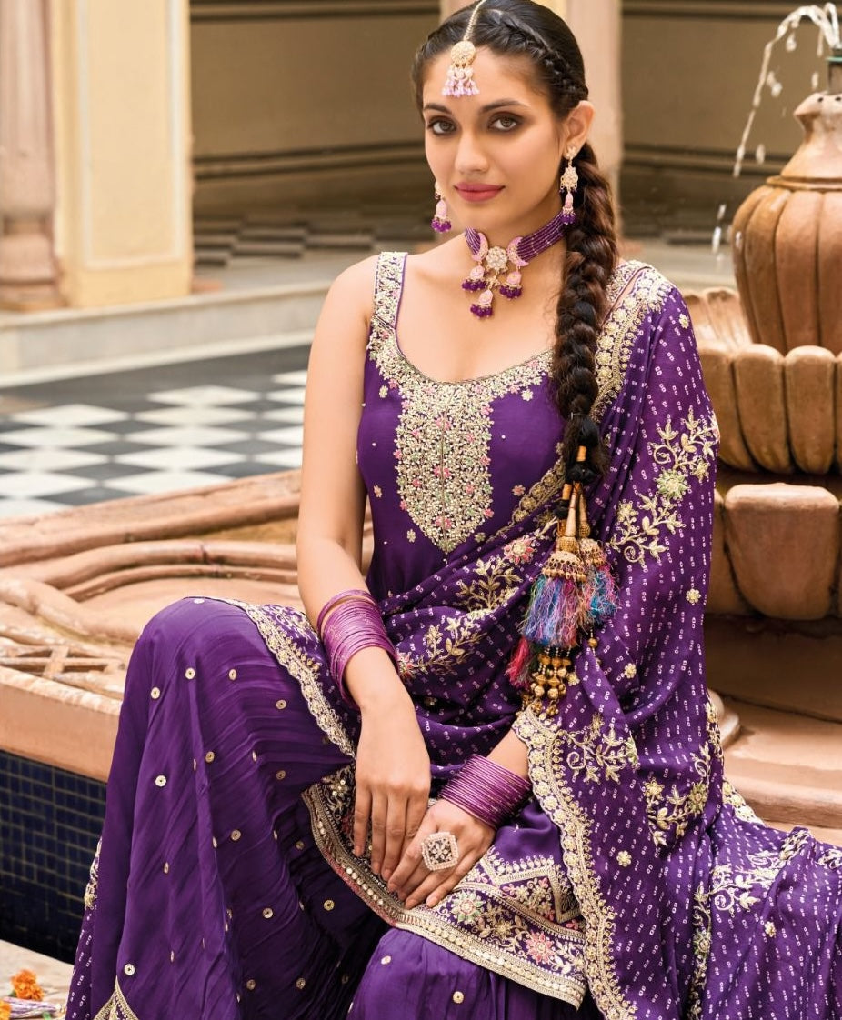 Purple Embellished Sharara Suit
