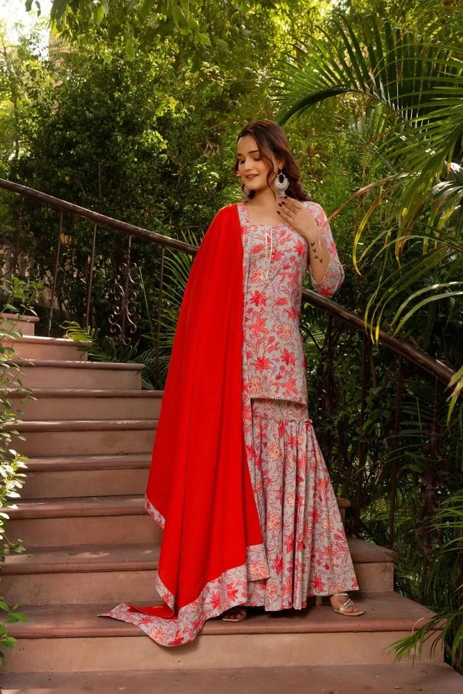 Floral Print Gharara Set with Red Dupatta