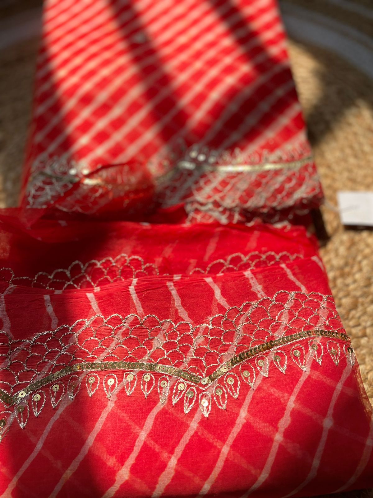 Red Pure Organza Leheriya Saree with Handwork