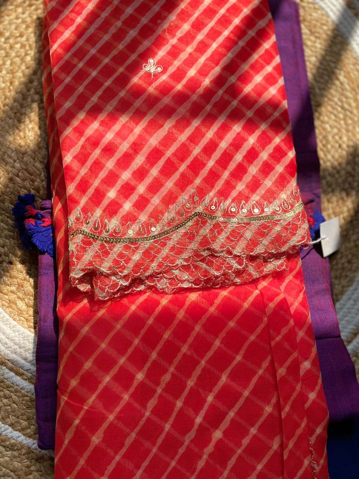 Red Pure Organza Leheriya Saree with Handwork