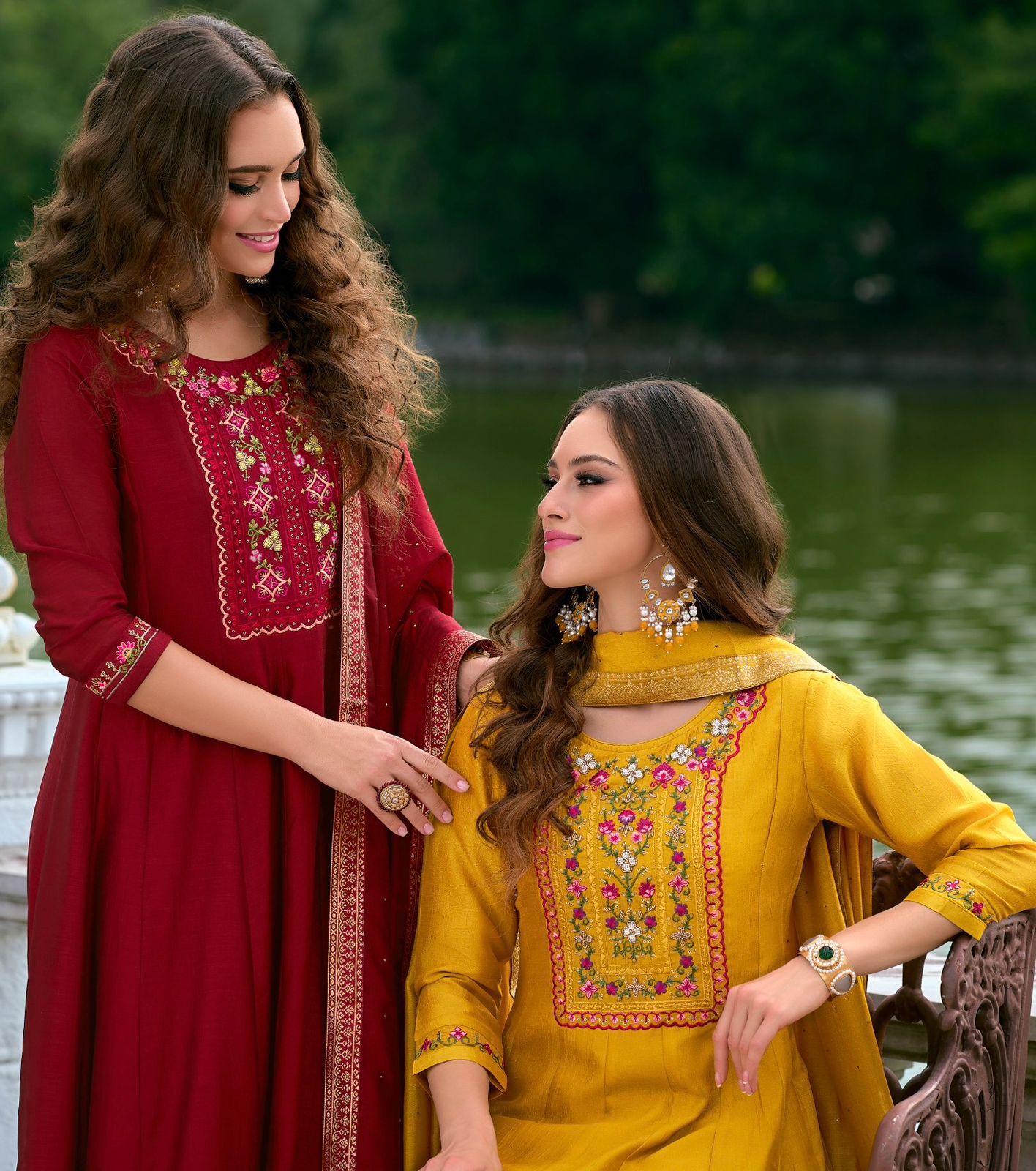 Anarkali Suit Set with Embroidery and Handwork on Vichitra Silk