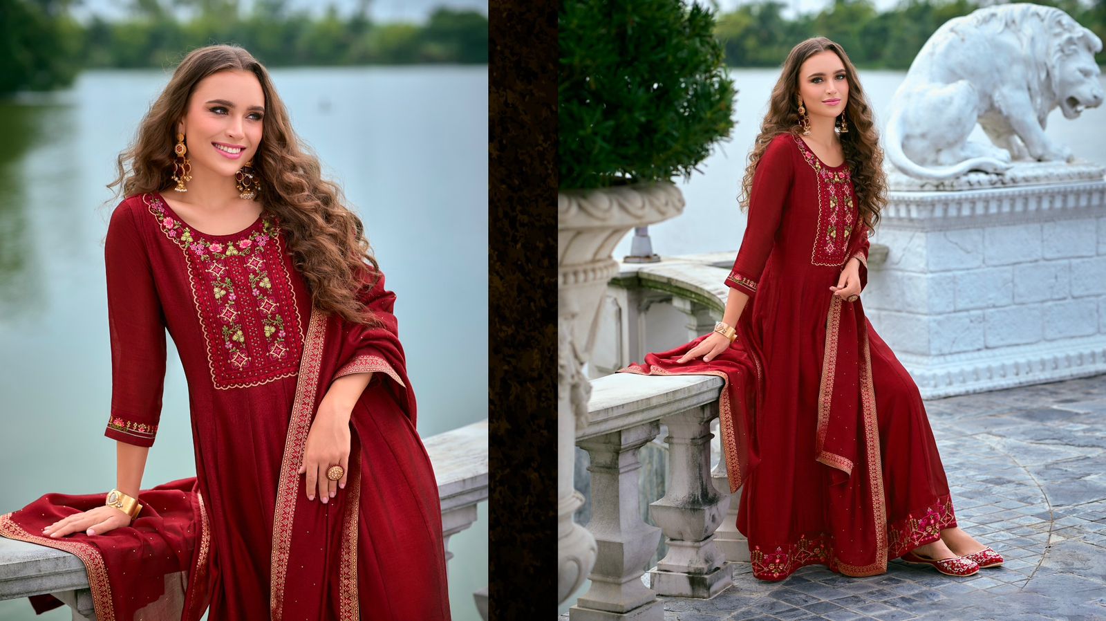Anarkali Suit Set with Embroidery and Handwork on Vichitra Silk