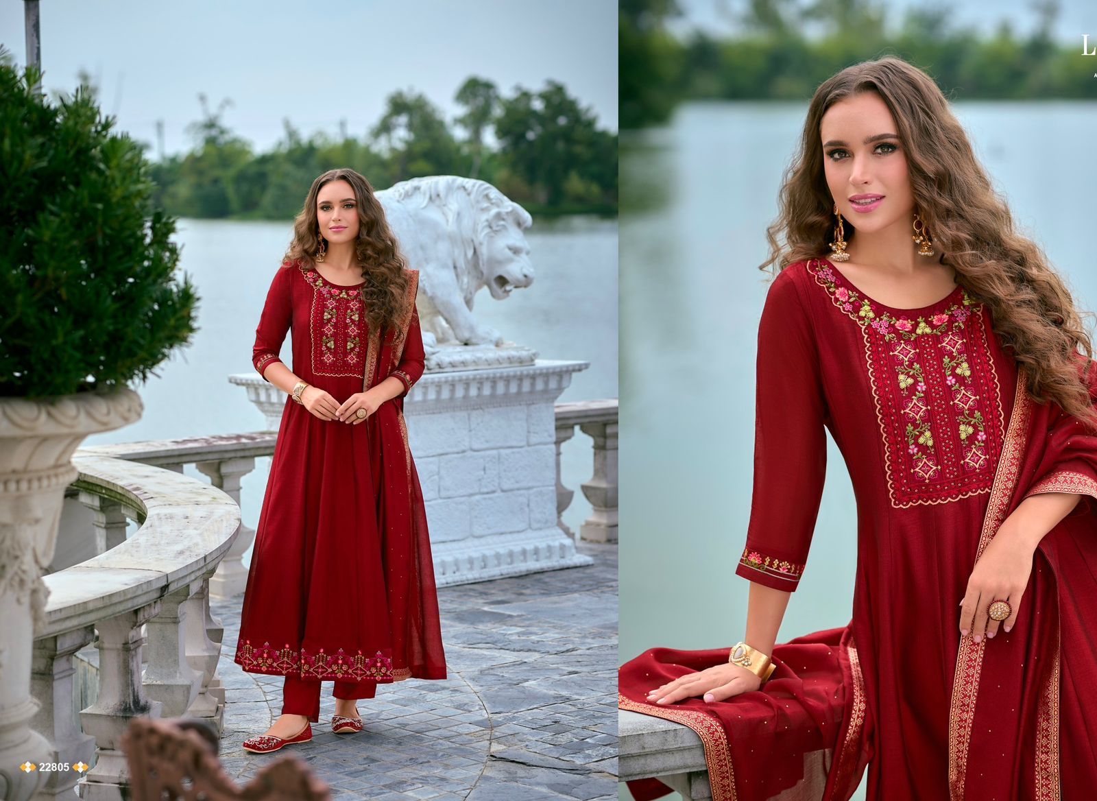 Anarkali Suit Set with Embroidery and Handwork on Vichitra Silk