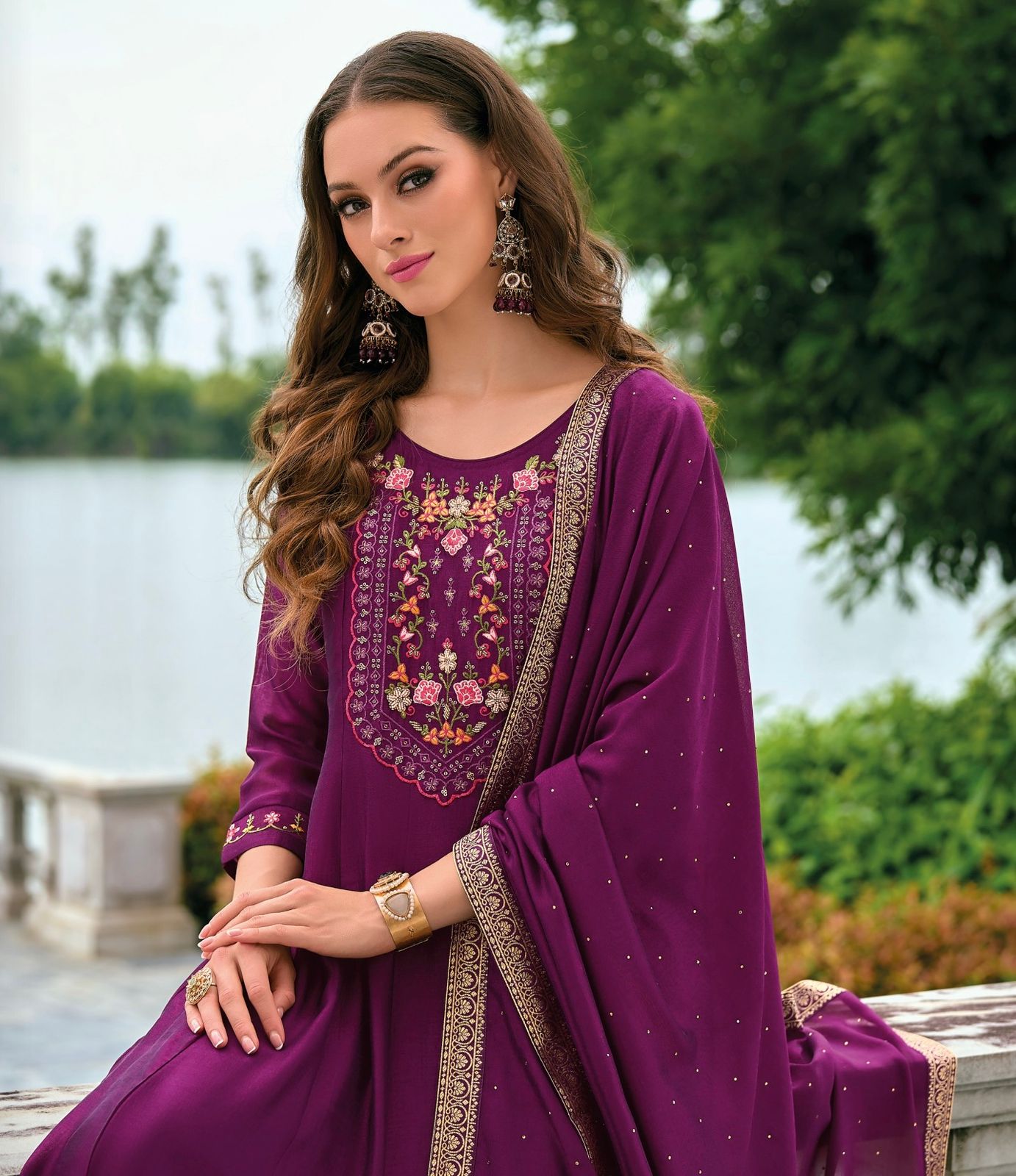 Anarkali Suit Set with Embroidery and Handwork on Vichitra Silk