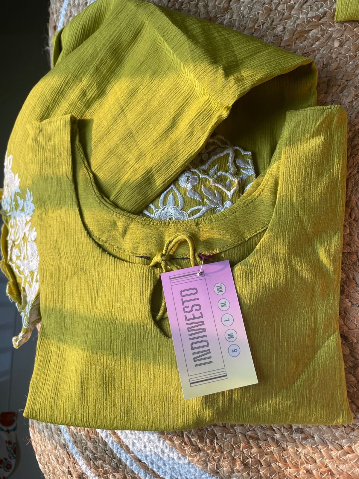 Lime Green Crushed Co-ords with White Cutwork Embroidery