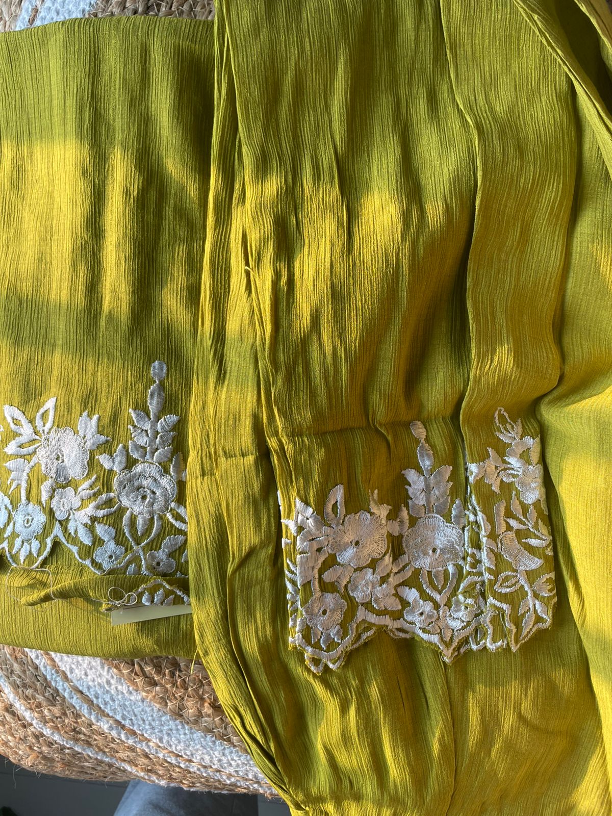 Lime Green Crushed Co-ords with White Cutwork Embroidery