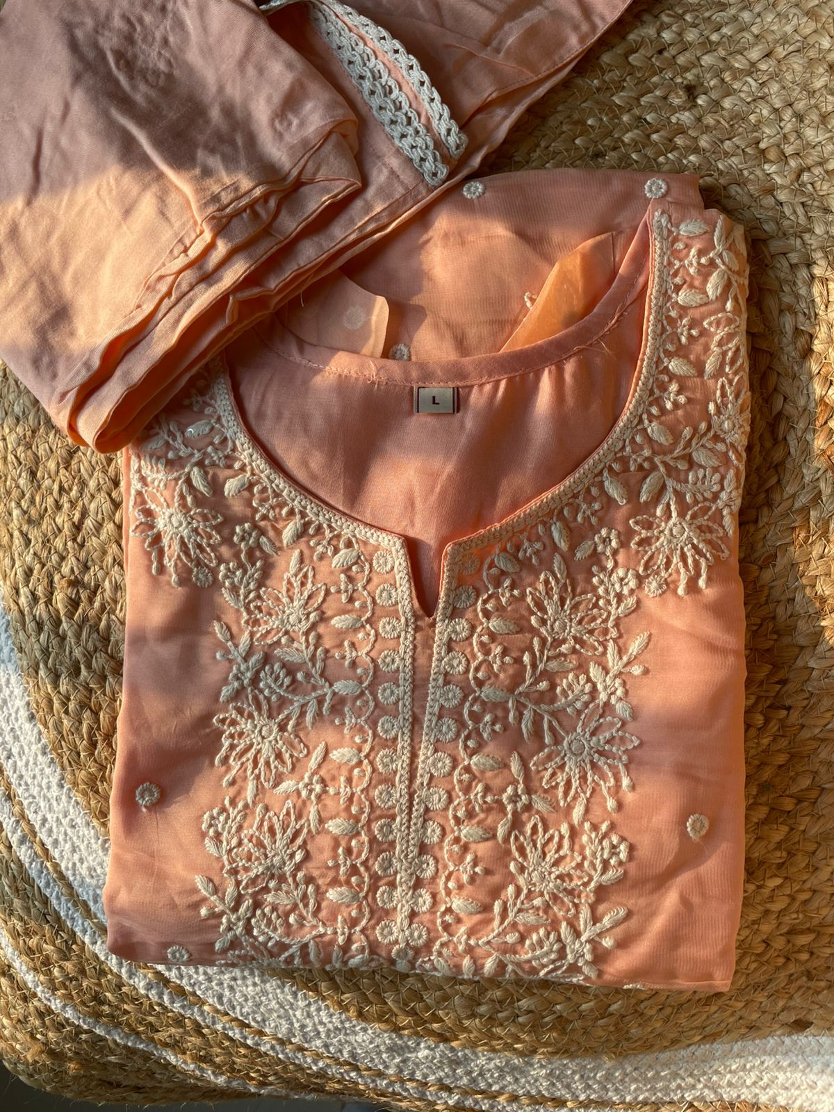 Elegant Peach Organza Lucknowi Embroidered Co-ords