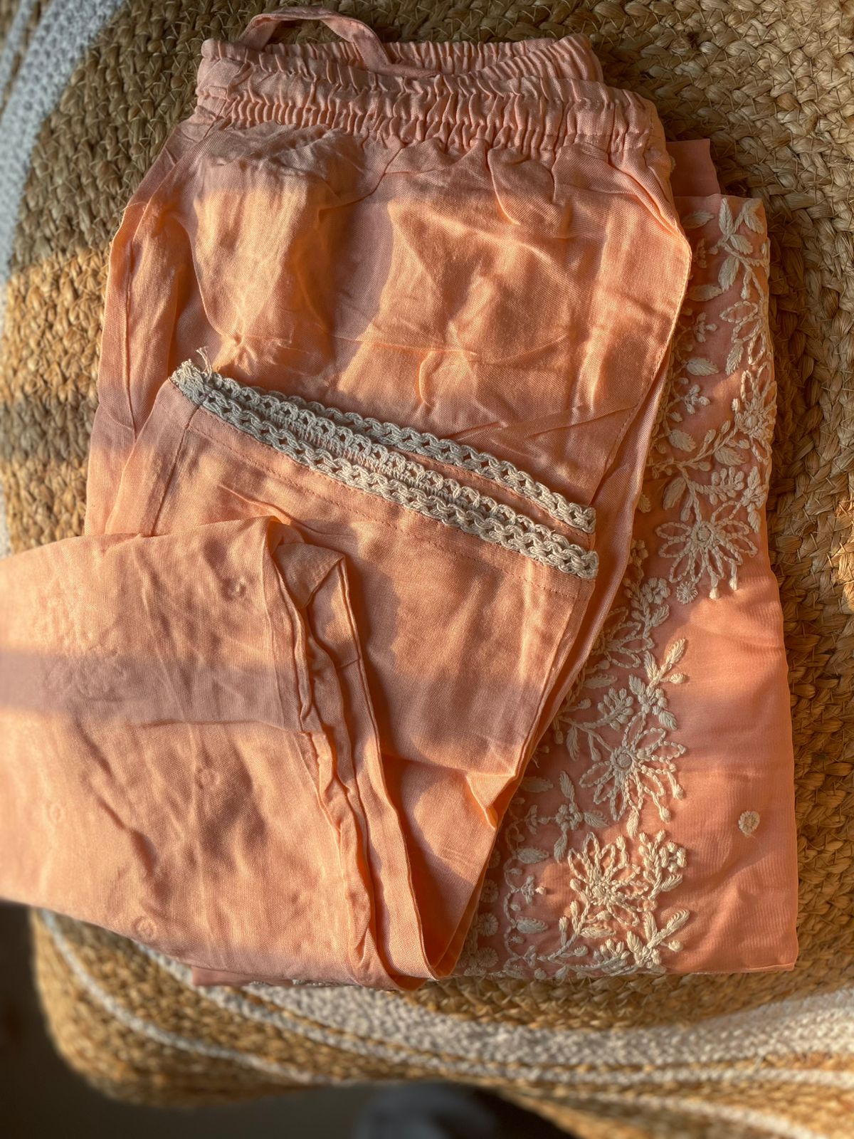 Elegant Peach Organza Lucknowi Embroidered Co-ords